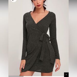 All My Wisdom Charcoal Grey Ribbed Long Sleeve Wrap Dress NWT